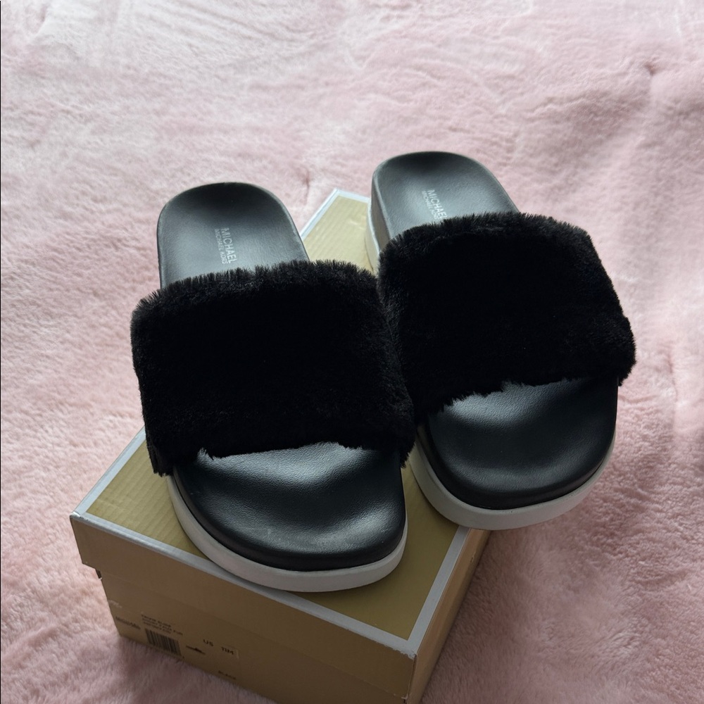 Michael Kors Women's Black Fuzzy Slide Sandals